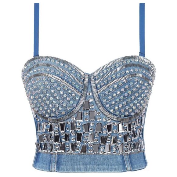 Unbranded Tops - Women's Beaded Shaped Camisole Fashion Lingerie Stage Hot Diamond Denim Corset
